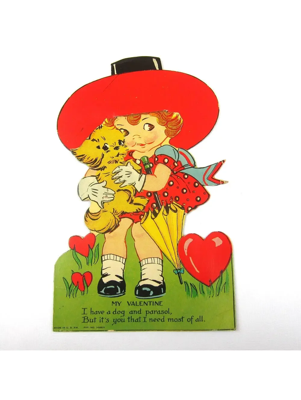 Antique Valentine Card Girl 3D Hat Havanese Puppy Dog LARGE Die Cut Stand Up
